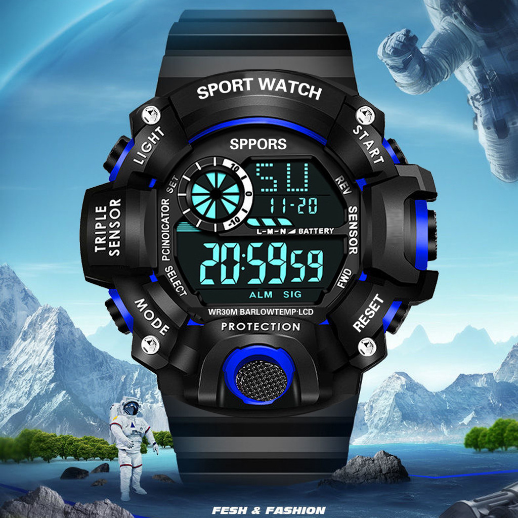 Reloj mano azul negro digital deporte ropa grande calendario contra agua boton