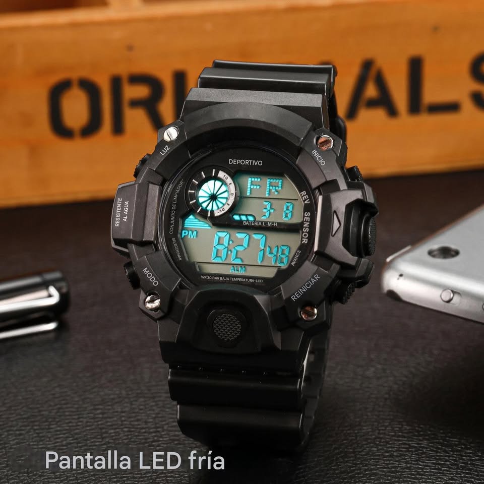 Reloj mano azul negro digital deporte ropa grande calendario contra agua boton