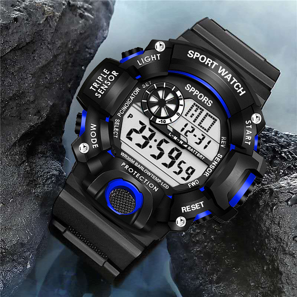 Reloj mano azul negro digital deporte ropa grande calendario contra agua boton