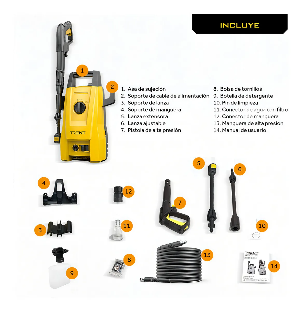 Hidrolavadora Electrica Trent Hlt203 1200w Alta Presion 1600 Psi 110 Bar Con Accesorios
