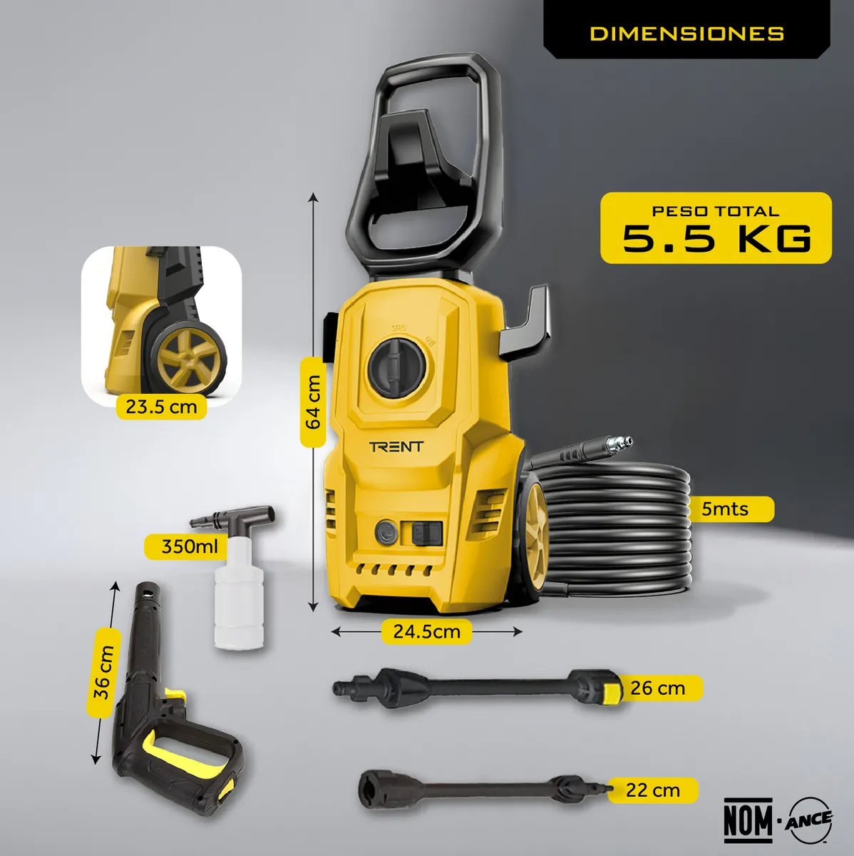 Hidrolavadora Electrica Trent 1400w Alta presion 1600 Psi HLT307-1400-AC127V 60 Hz Negro y Amarillo