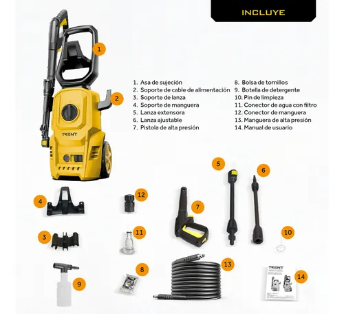 Hidrolavadora Electrica Trent 1400w Alta presion 1600 Psi HLT307-1400-AC127V 60 Hz Negro y Amarillo