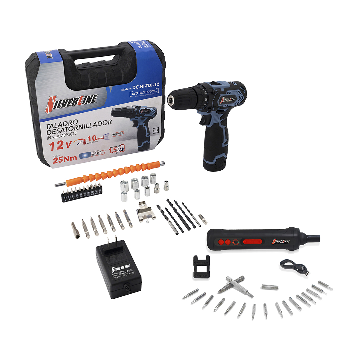 Silverline Color Kit de Taladro Destornillador Inalámbrico + Desarmador de Precisión ...