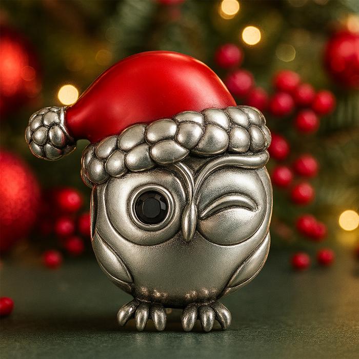 Charm buho navideño plata pulida MXXOW-001 1Pza Plata S925 Chapa Separador Búho Navideño PlataRojo Caja Blanca 3x3cm,