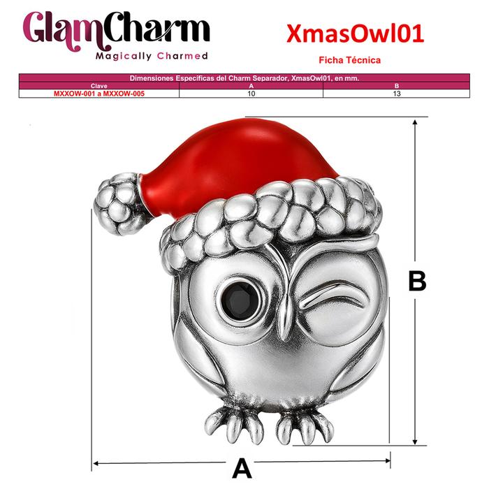 Charm buho navideño plata pulida MXXOW-001 1Pza Plata S925 Chapa Separador Búho Navideño PlataRojo Caja Blanca 3x3cm,