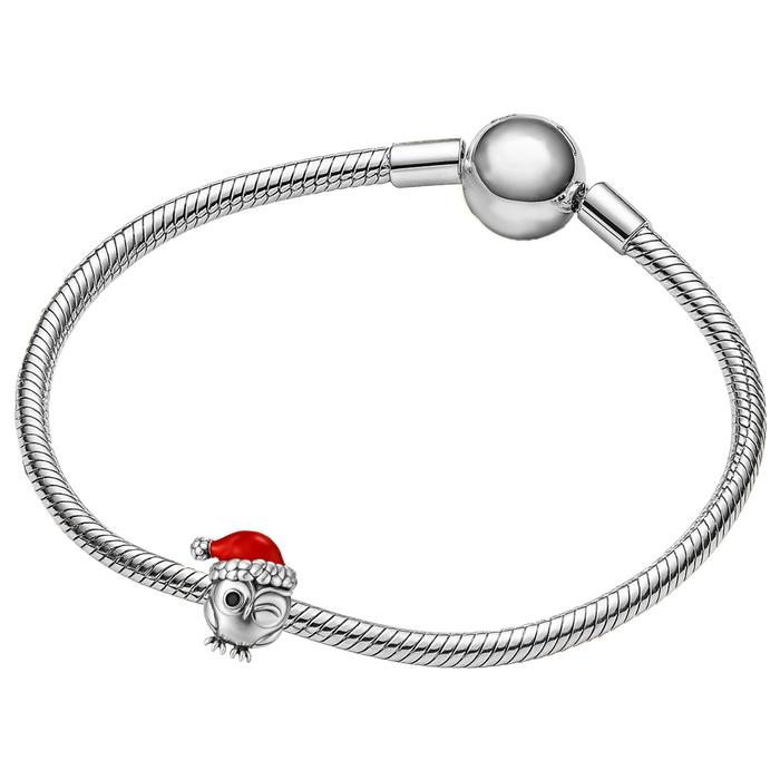 Charm buho navideño plata pulida MXXOW-001 1Pza Plata S925 Chapa Separador Búho Navideño PlataRojo Caja Blanca 3x3cm,