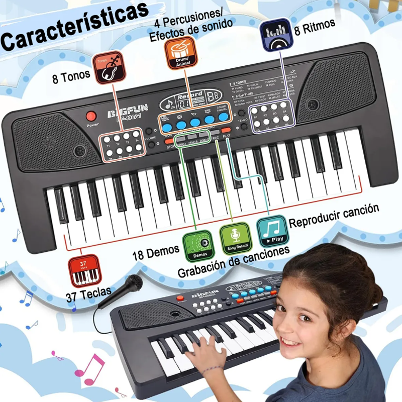  Piano Eléctrico De Juguete Para Niños 8 Ritmos 37 Teclas