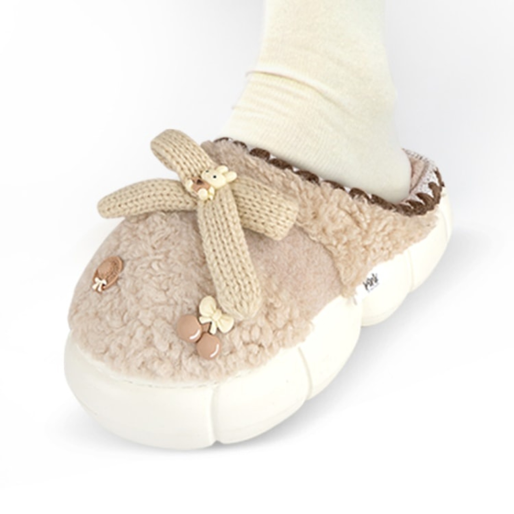 Pantufla de mujer, estilo zueco, de peluche, suave, para descanso, color camel, mod. 1226728