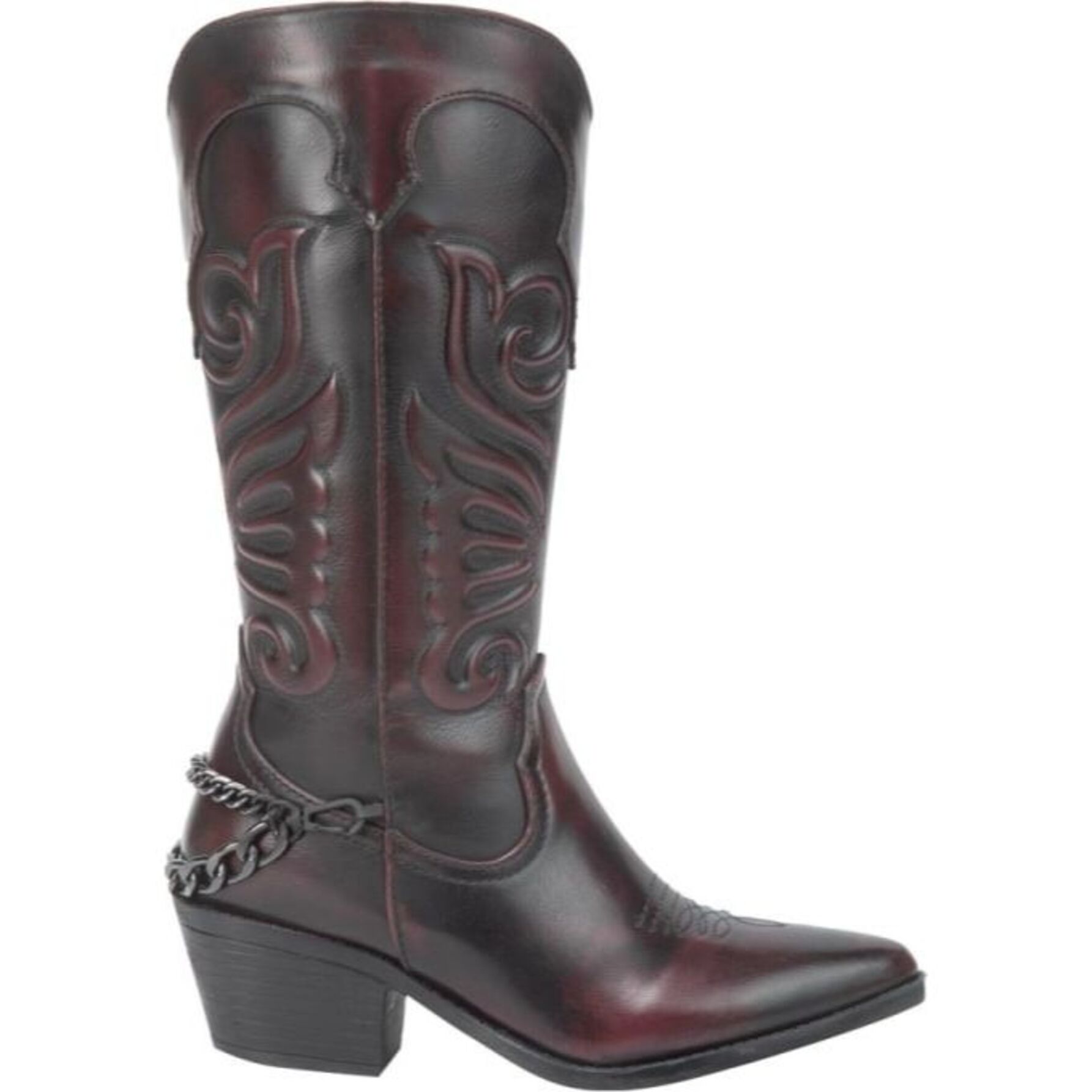 Bota de mujer, vaquera, acabado atanado, con cadena, color vino, 1258786
