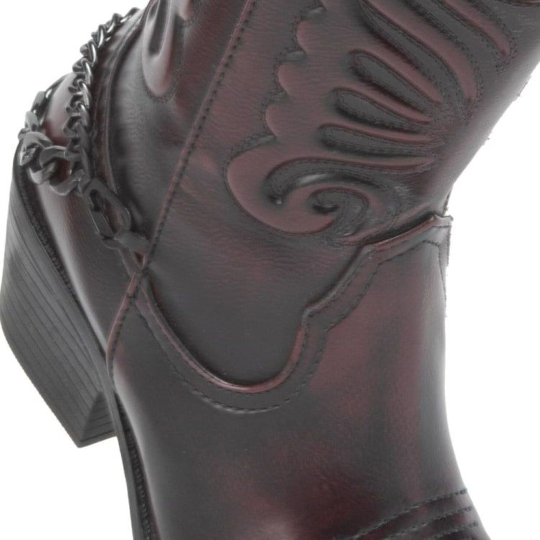 Bota de mujer, vaquera, acabado atanado, con cadena, color vino, 1258786