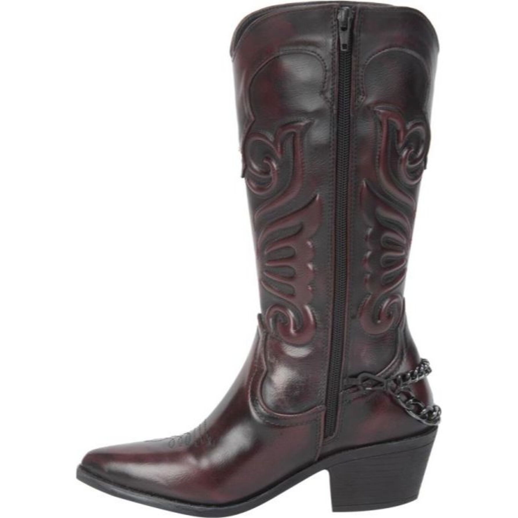 Bota de mujer, vaquera, acabado atanado, con cadena, color vino, 1258786