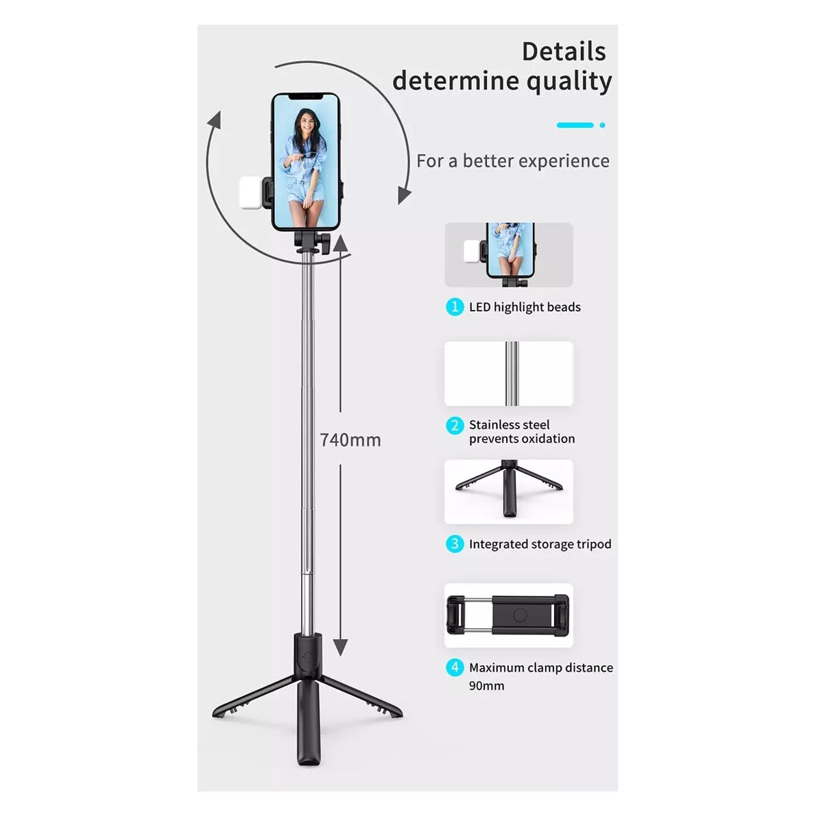 Baston Selfie Stick Con Luz Obturador Remoto Via Bluetooth Función Tripie Rosa