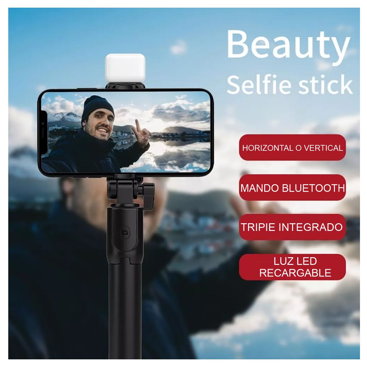Baston Selfie Stick Con Luz Obturador Remoto Via Bluetooth Función Tripie Rosa