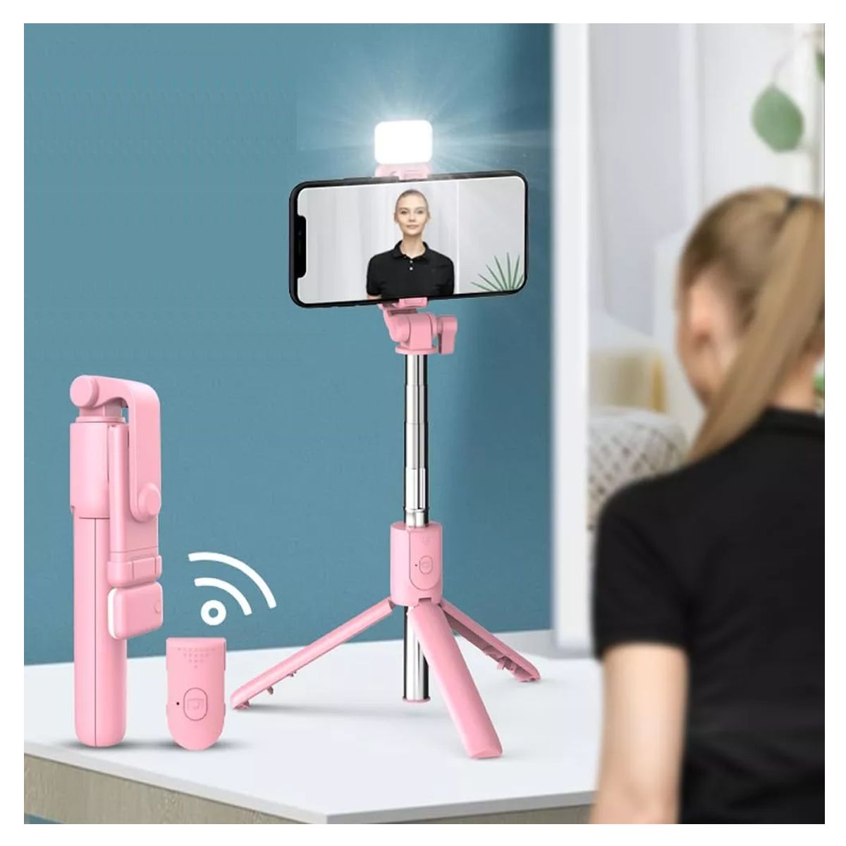 Baston Selfie Stick Con Luz Obturador Remoto Via Bluetooth Función Tripie Rosa