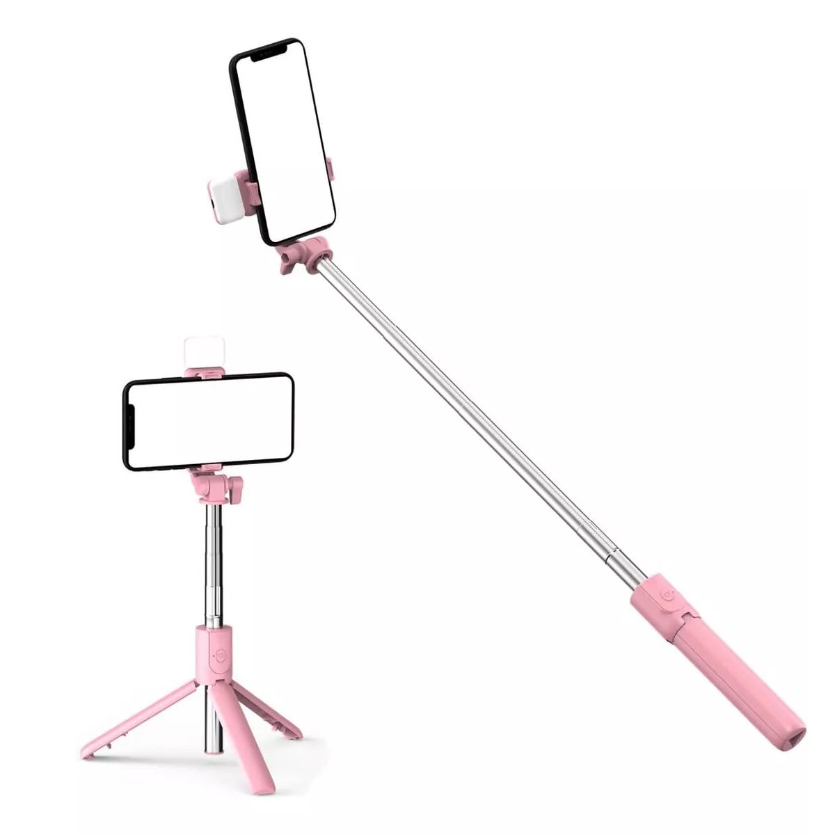 Baston Selfie Stick Con Luz Obturador Remoto Via Bluetooth Función Tripie Rosa