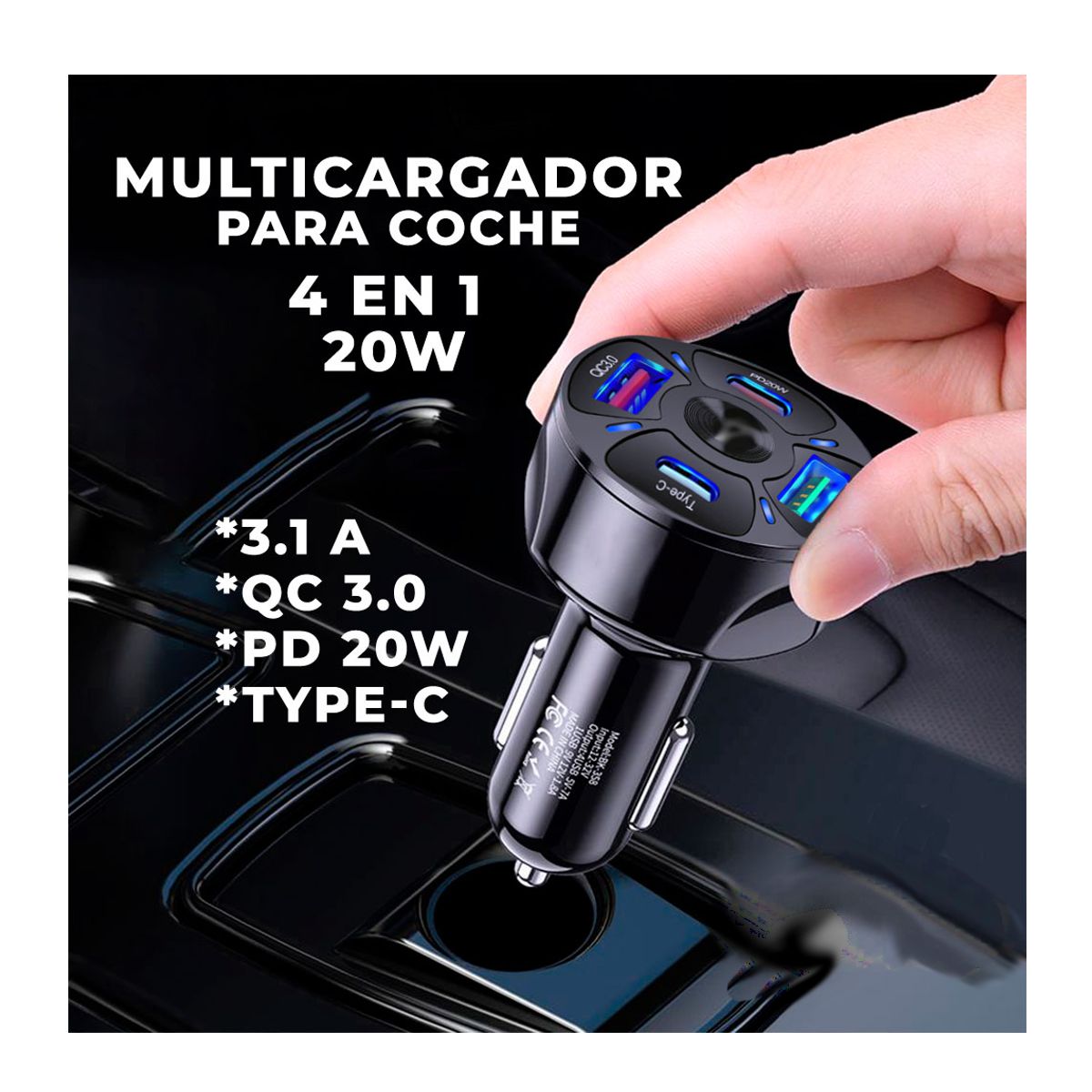 Multicargador de Celular Para Automovil QC3.0 PD 20W USB 3.1A Tipo C