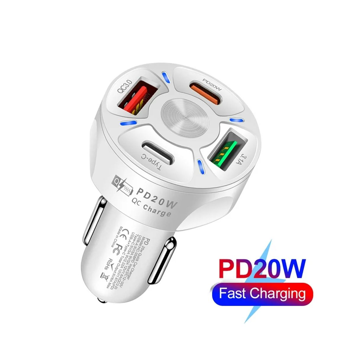Multicargador de Celular Para Automovil QC3.0 PD 20W USB 3.1A Tipo C