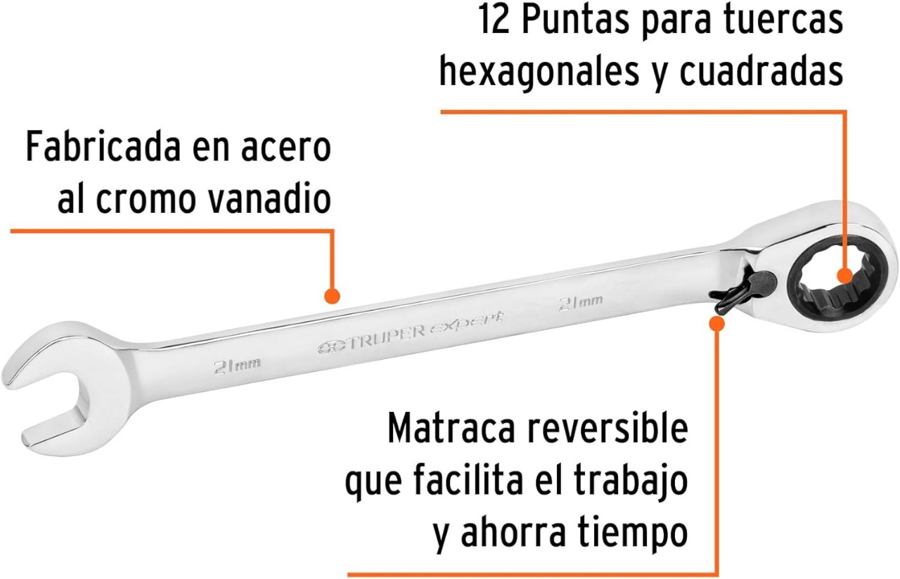 Llave combinada matraca reversible 21mmx288 mm largo, Expert LL-2021MXR	