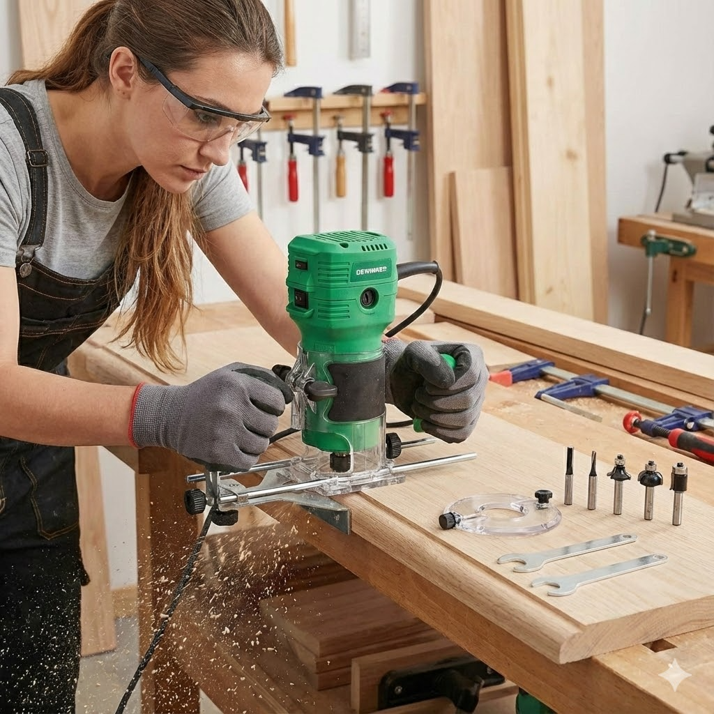 Fresadora Para Madera DEWINNER 1800W - 12 Fresas Incluídas, 7 Velocidades, Ajuste De Profundidad, Perfecta Para Bricolaje Y Carpintería