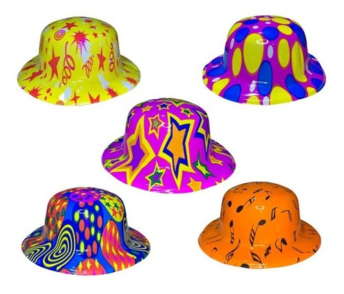 100 Sombrero Bombin Neón Fiesta Boda Batucada Plastico.