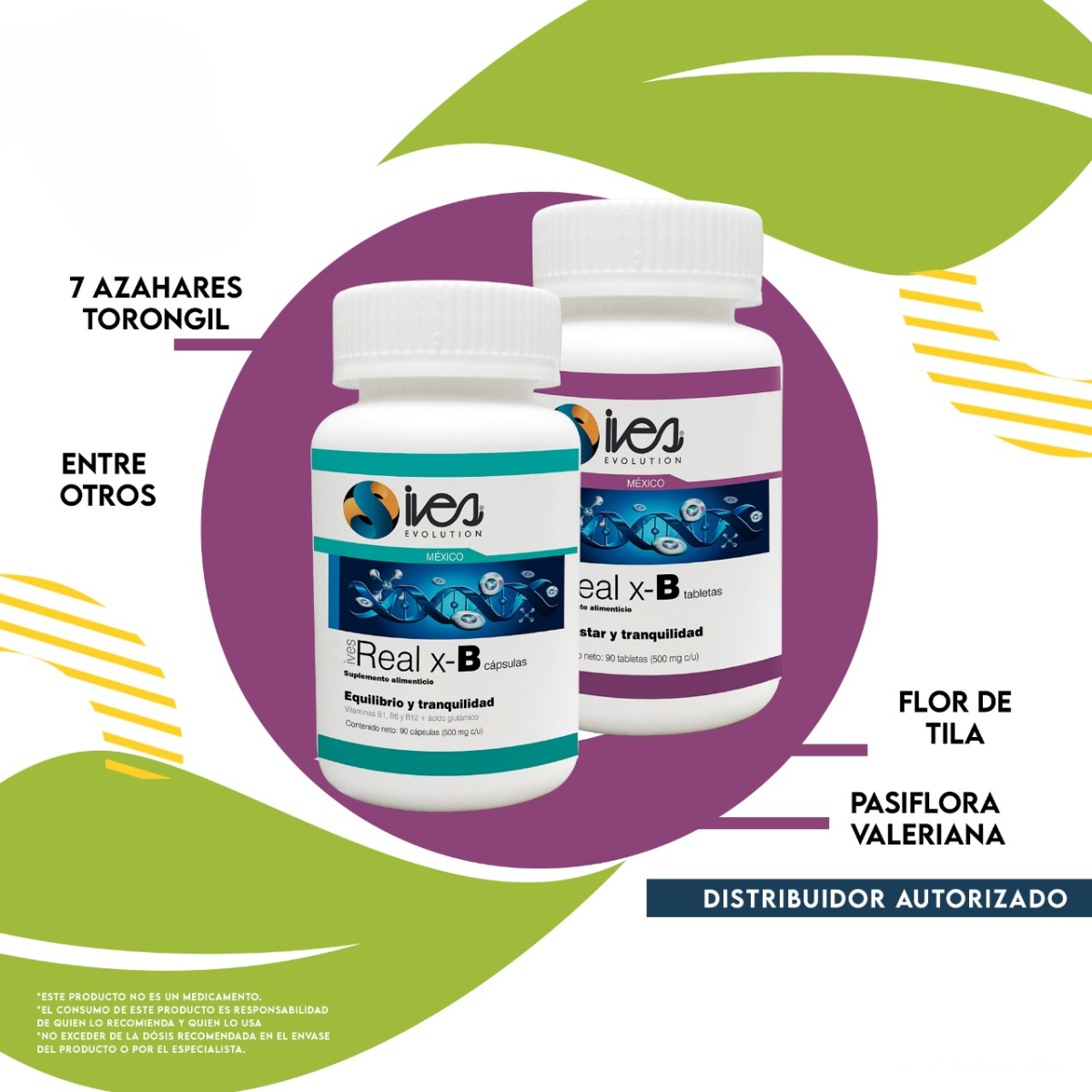 Pasiflora Valeriana 7 azahares Toronjil Tila Vitaminas B1 B6 B12 Ácido Glutámico Real XB Ives Evolution México 90 uds..