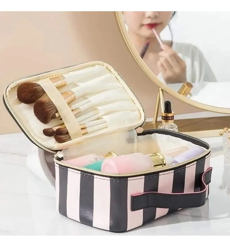 Cosmetiqueras Tipo Vs, Material Resistente, Amplia, Neceser Rosa Rayada