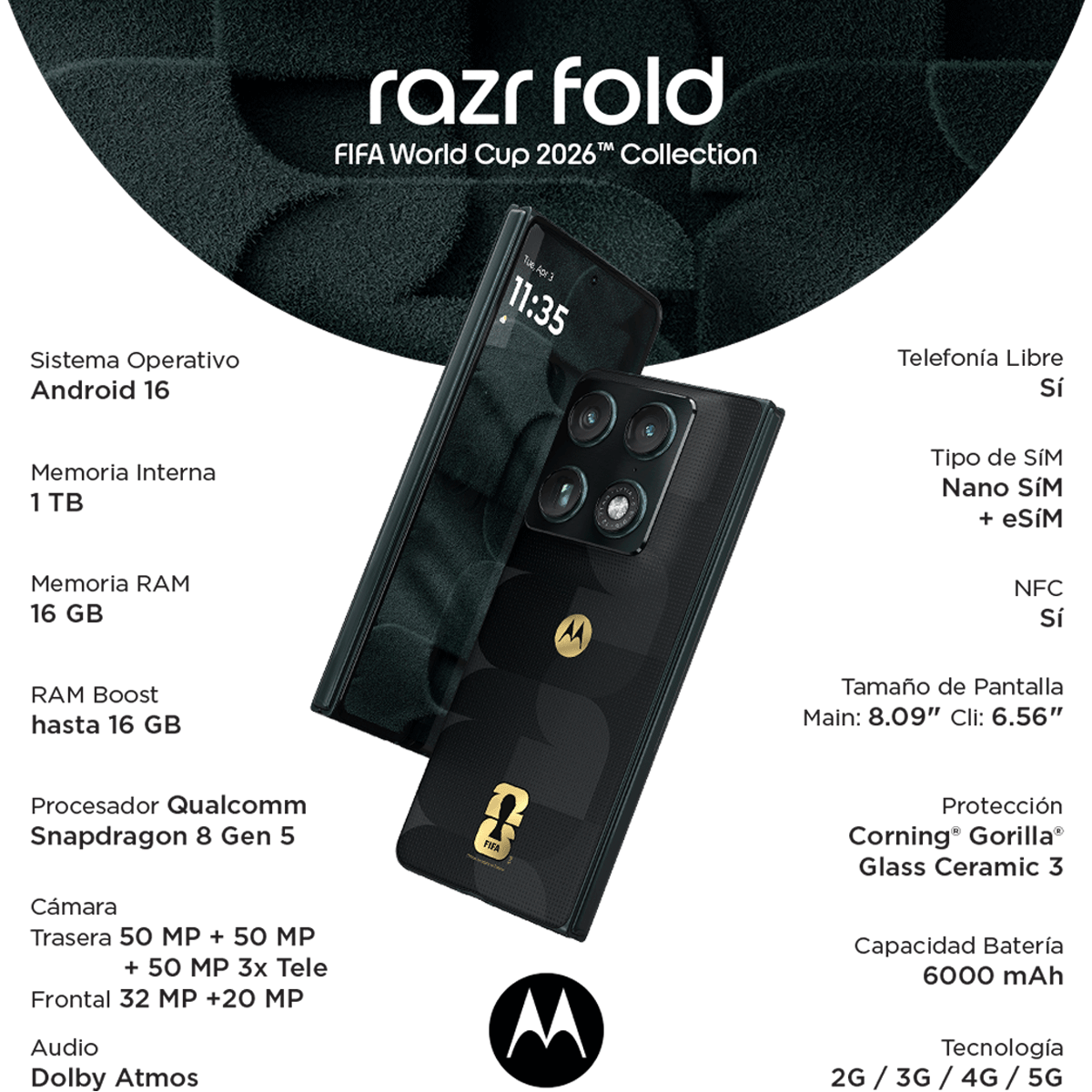 Motorola Razr Fold Edicion Especial FIFA World Cup 2026 (512GB 16GB RAM) Oro 24 kilates