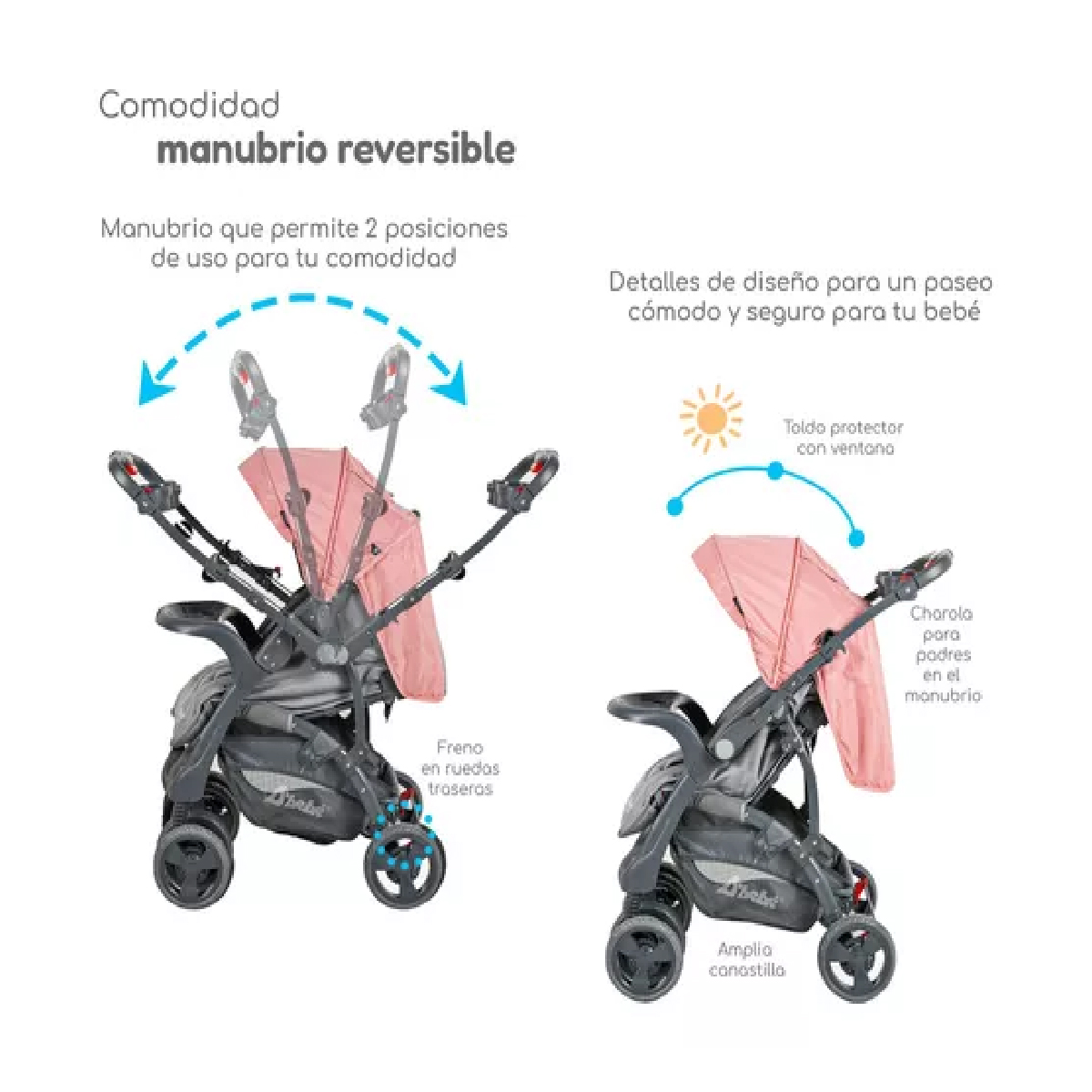 Carriola D Bebé Elite Reversible Travel System Con Portabebé Rosa