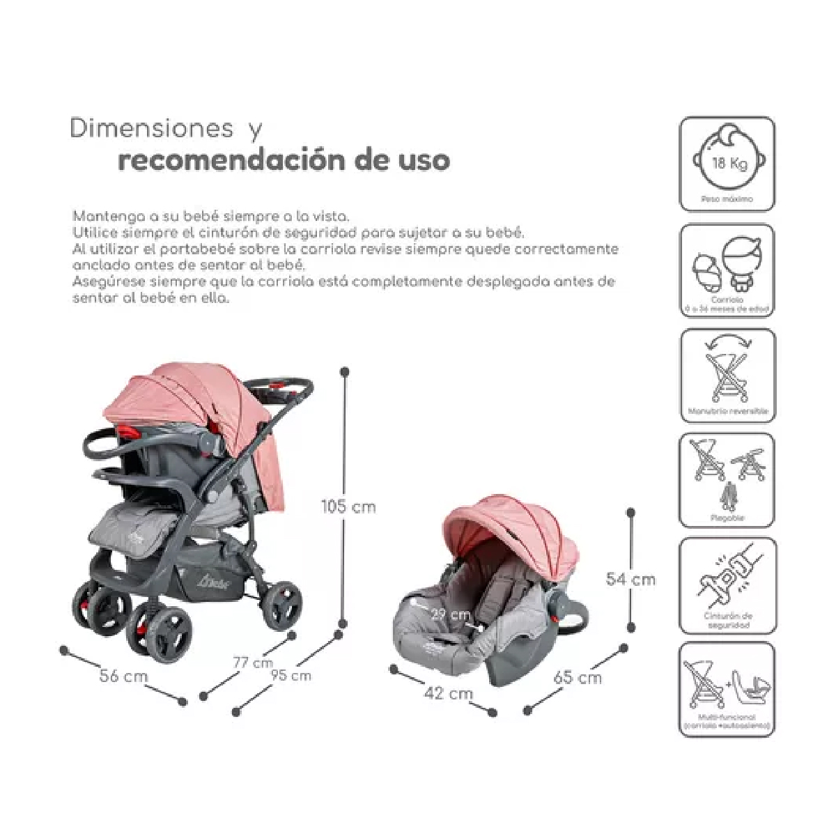 Carriola D Bebé Elite Reversible Travel System Con Portabebé Rosa
