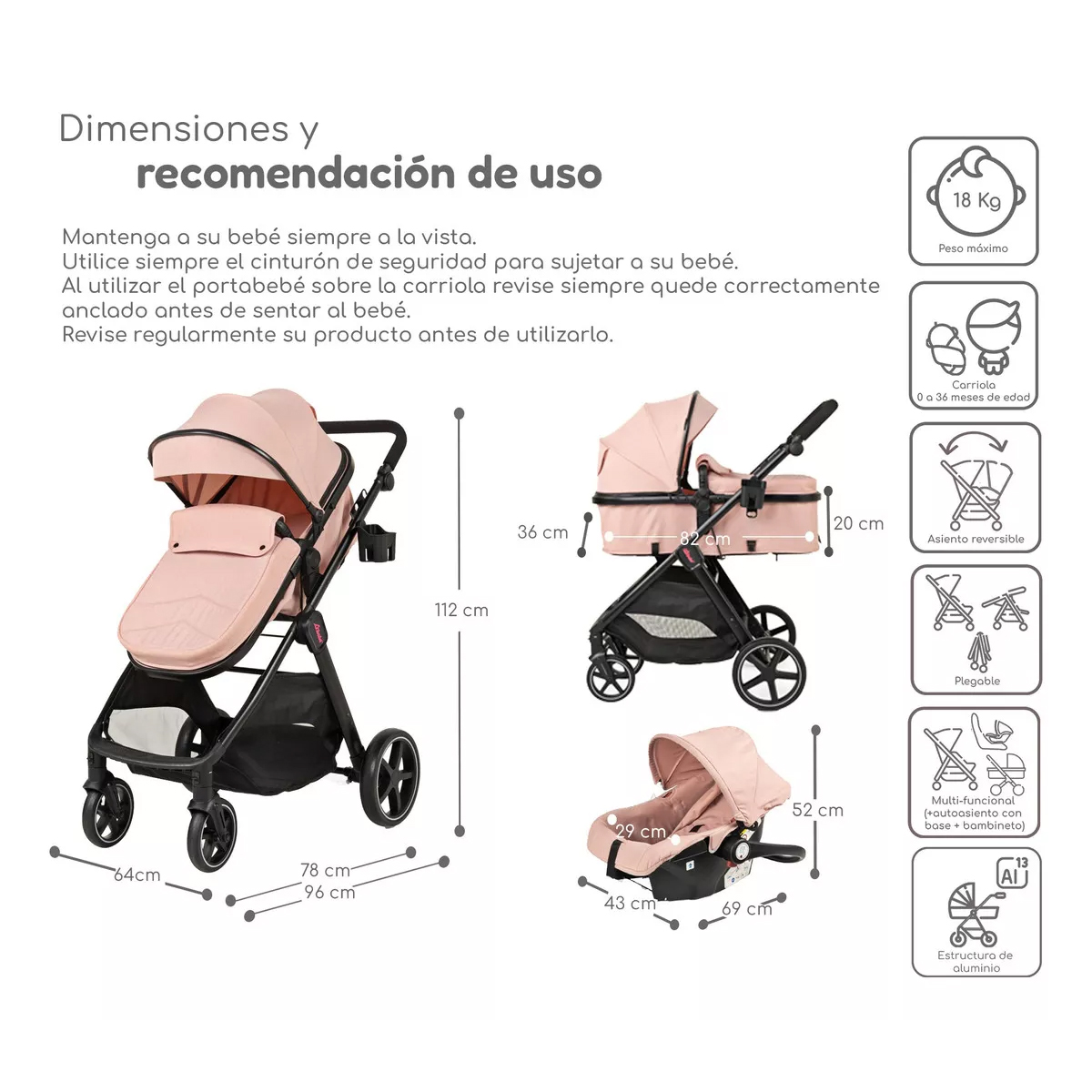 Carriola D Bebe Sistema De Viaje Travel System King Con Autoasiento 1a Etapa Rosa