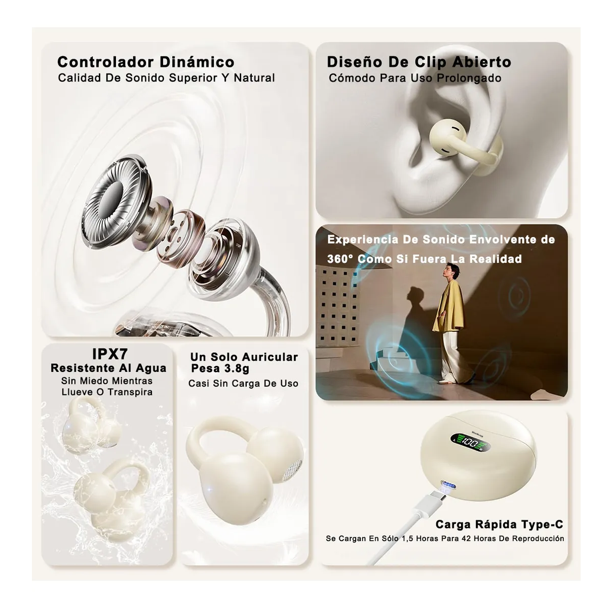 Audífonos Open Ear Bluetooth Pantalla Digital Inalambricos skin