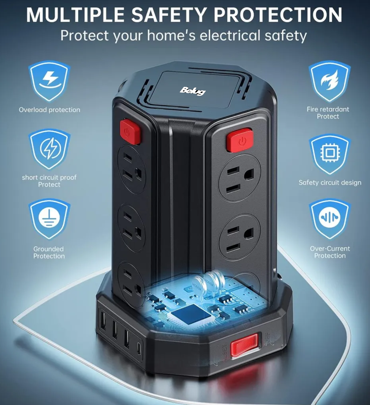 Multicontacto Torre Con 12 Salidas,3 Usb Y 1 Tipo C Carga 3m negro