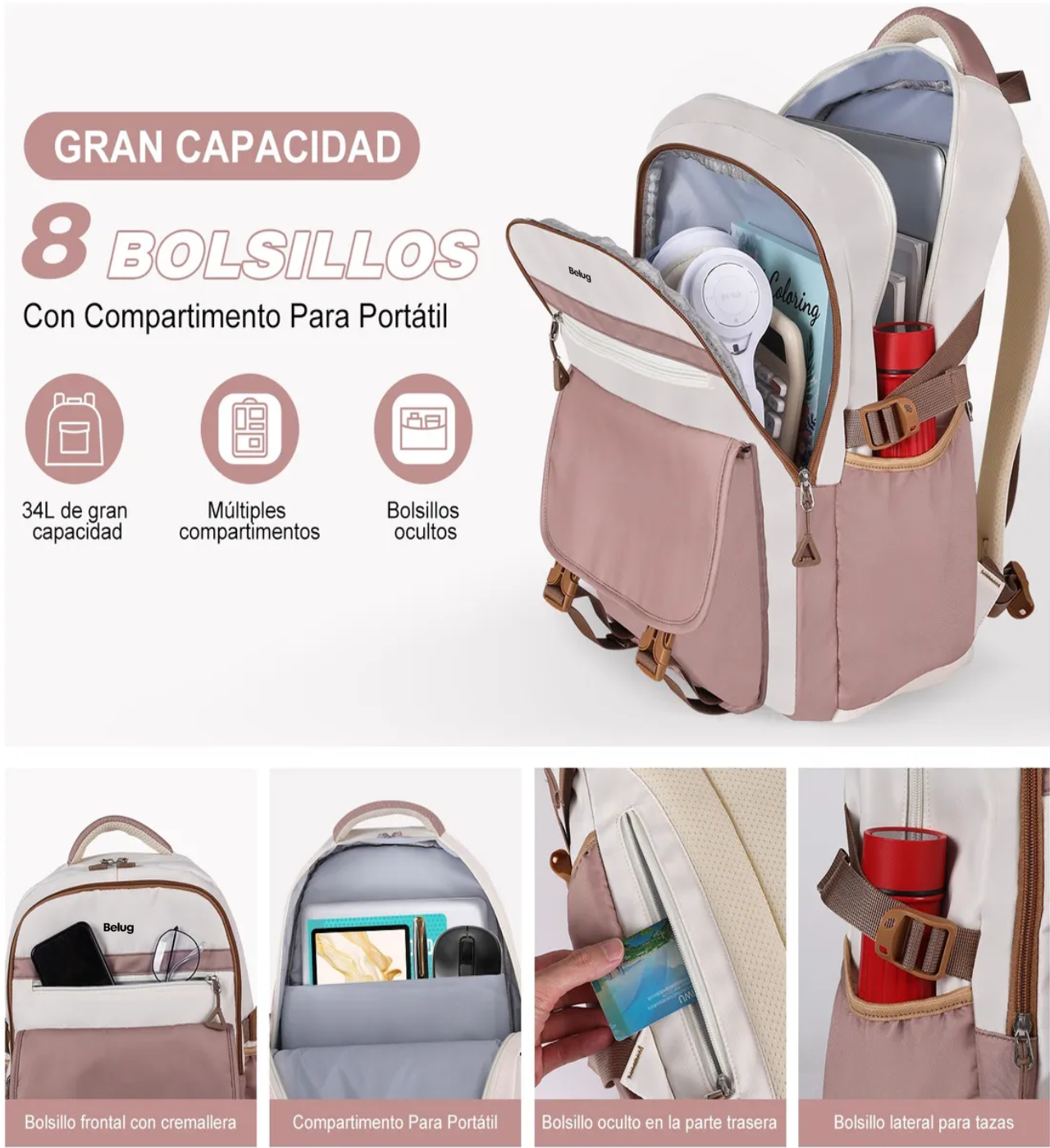 Mochila Escolar Viaje Para Laptop Set De 3 Piezas Marron Beige