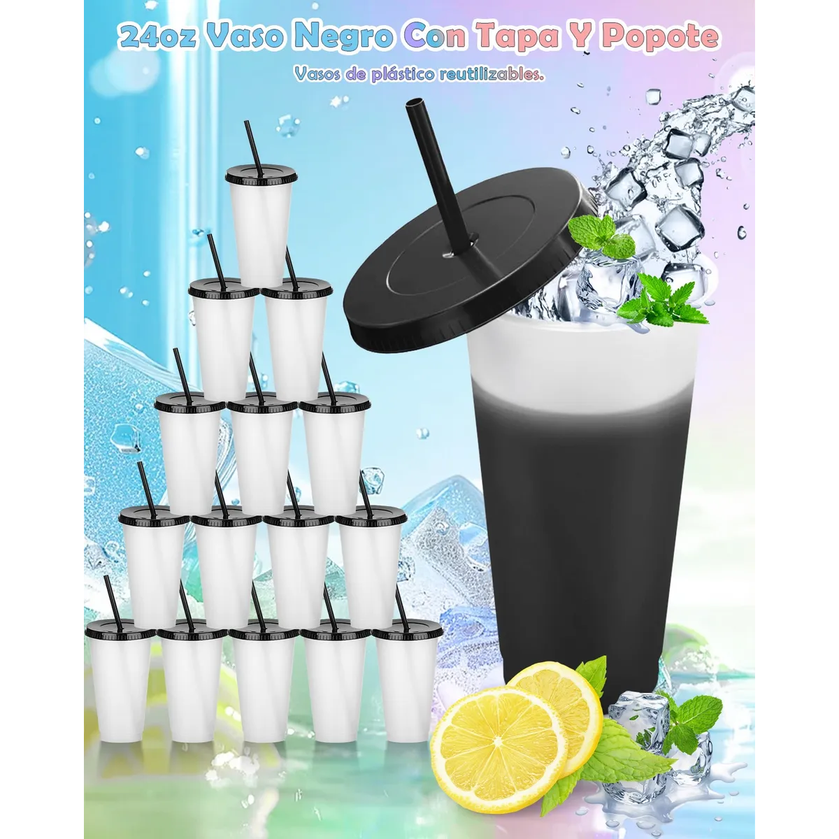 Vasos Mágicos Plastico Vasos Con Popote Y Tapa 710ml 15pzs Negro 
