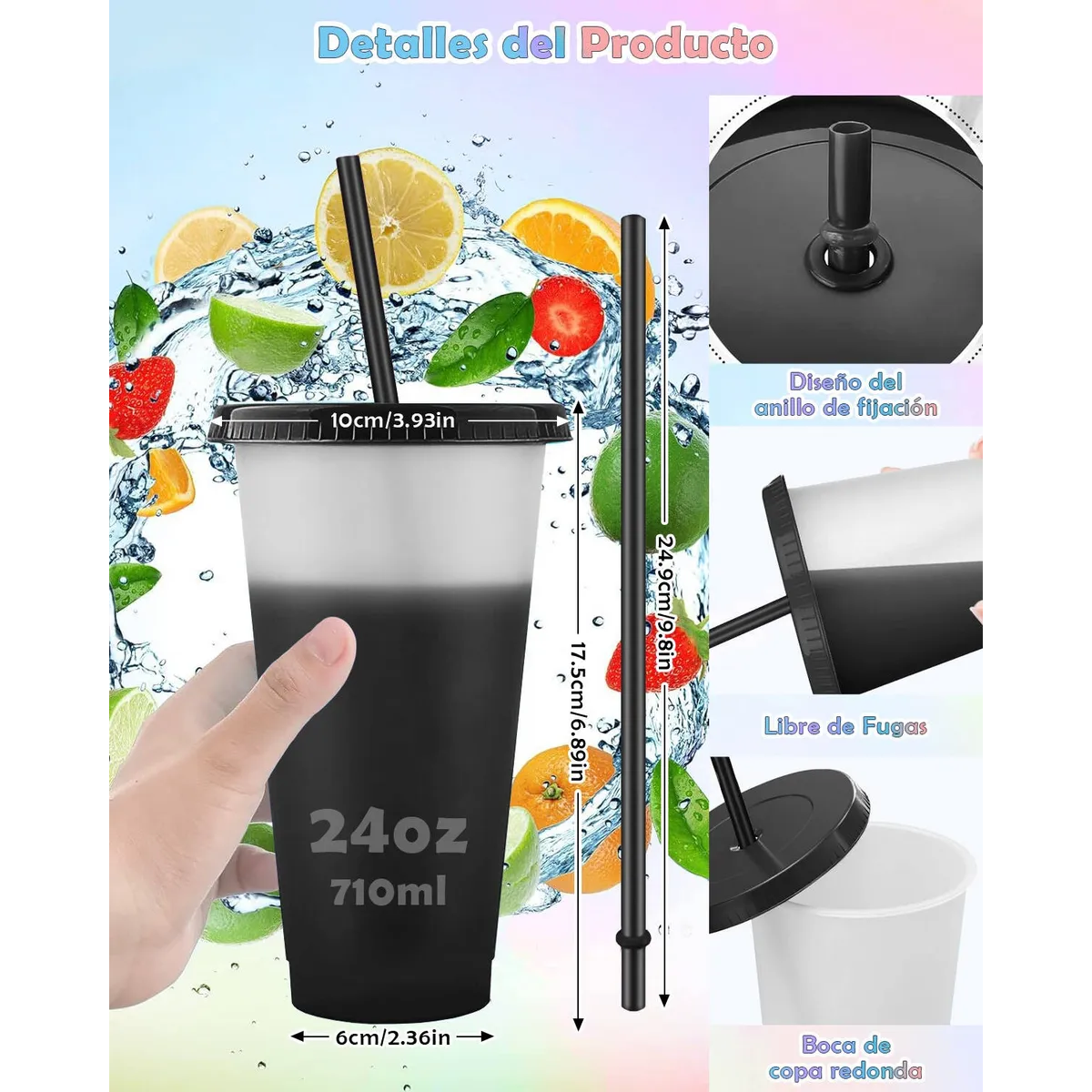 Vasos Mágicos Plastico Vasos Con Popote Y Tapa 710ml 15pzs Negro 