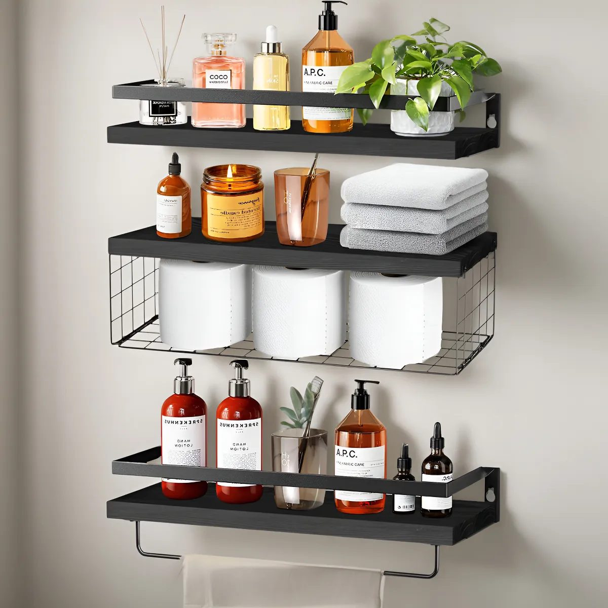 Repisas Flotantes Madera Modernas Estantes Baño Negro 
