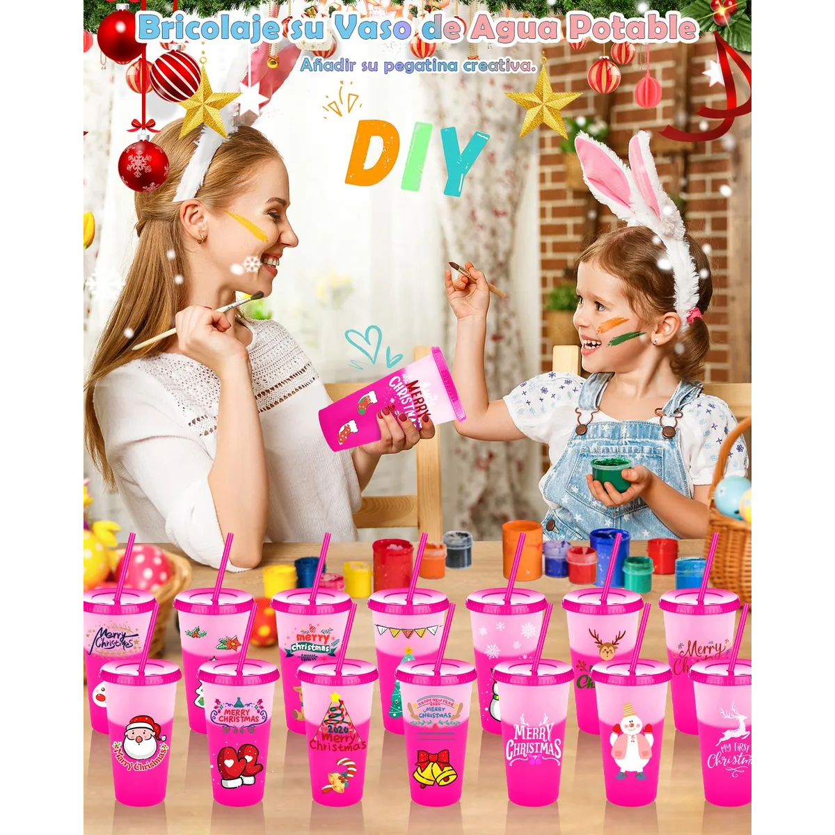 Vasos Mágicos Plastico Vasos Con Popote Y Tapa 710ml 15pzs Rosa