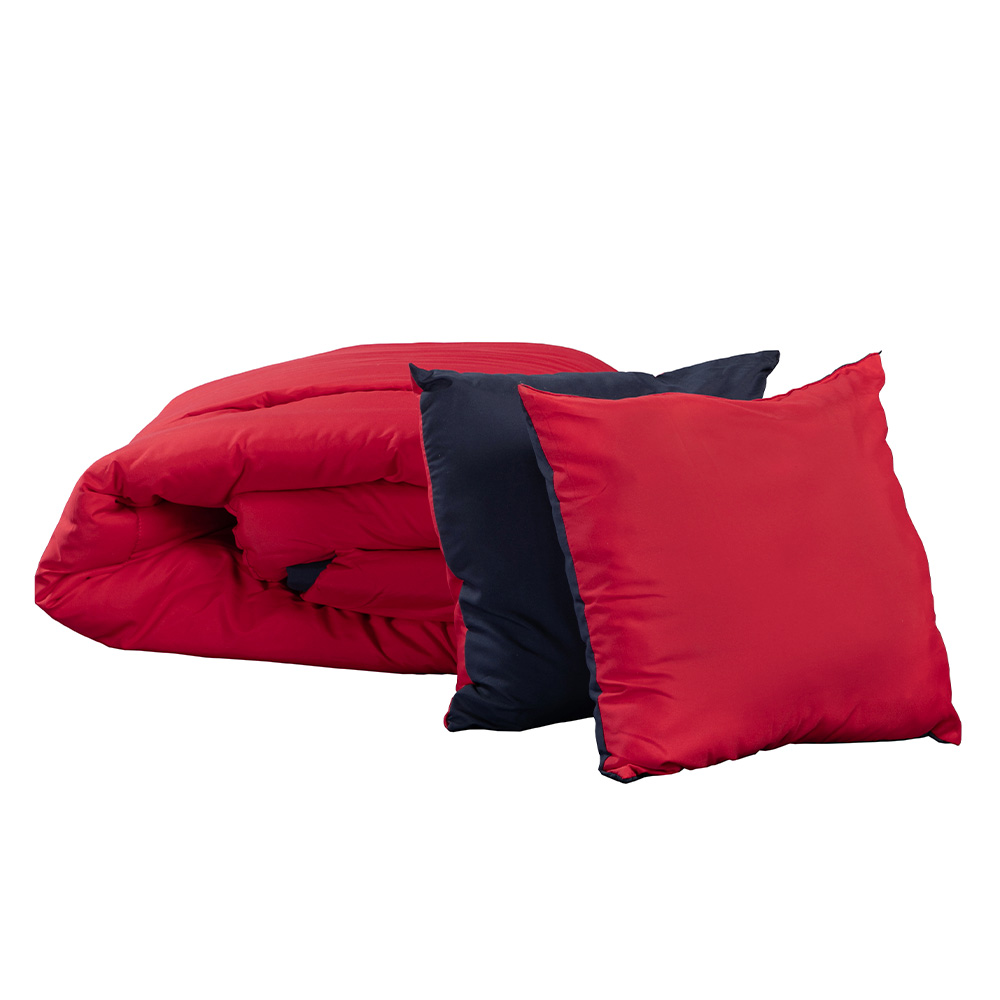  Edredón Queen Size Dicasa Couzy Doble Vista Rojo con Azul + Sábanas Royal + Protector Lux + 2 Almohada  Royal