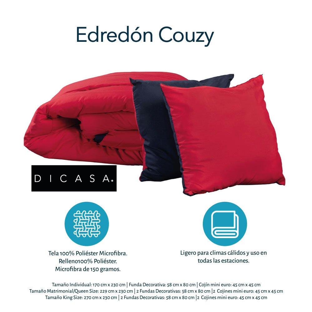  Edredón Queen Size Dicasa Couzy Doble Vista Rojo con Azul + Sábanas Royal + Protector Lux + 2 Almohada  Royal