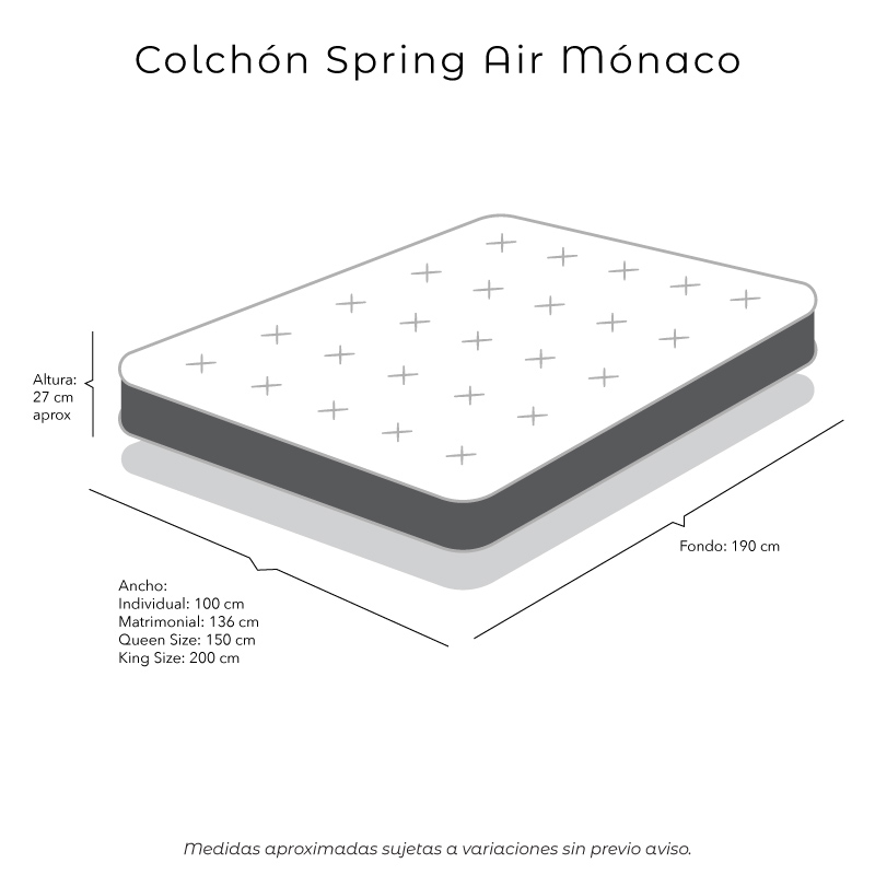 Colchón Individual Spring Air Mónaco+2 Almohadas Royal+Protector Lux+Sábanas Royal