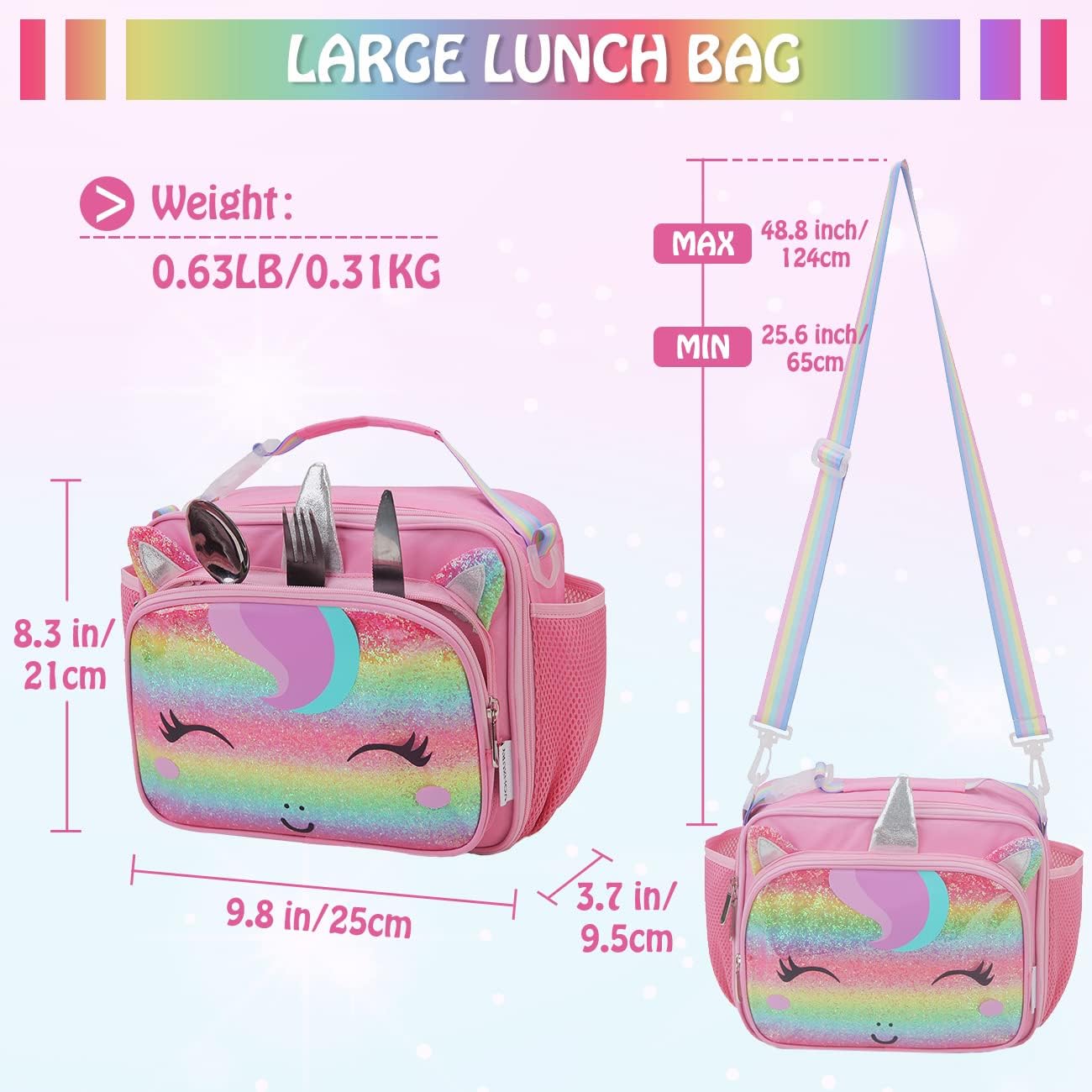 Lonchera grande para niños, niñas, adolescentes, niños pequeños, bonita bolsa de almuerzo escolar con correa 