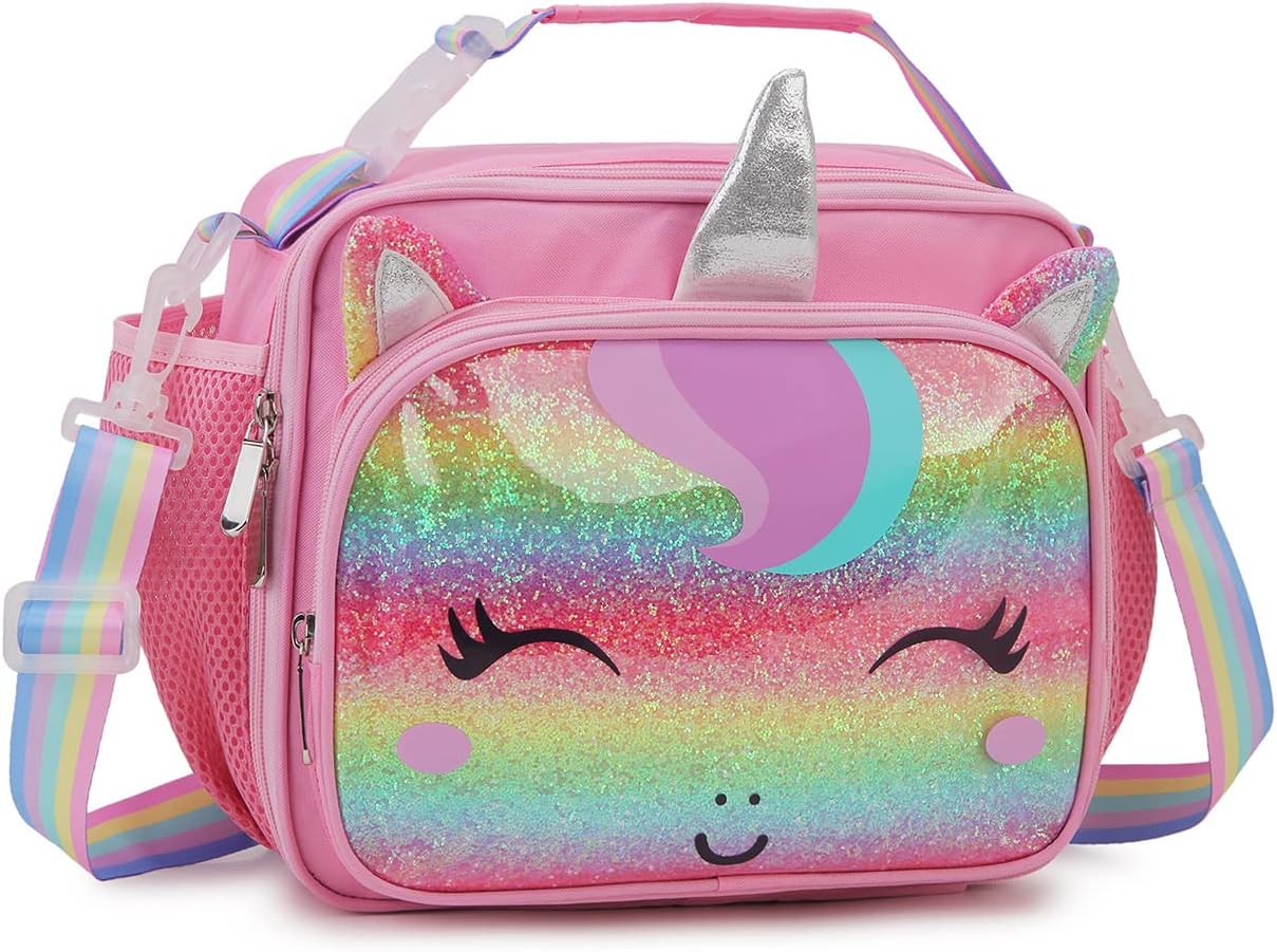 Lonchera grande para niños, niñas, adolescentes, niños pequeños, bonita bolsa de almuerzo escolar con correa 
