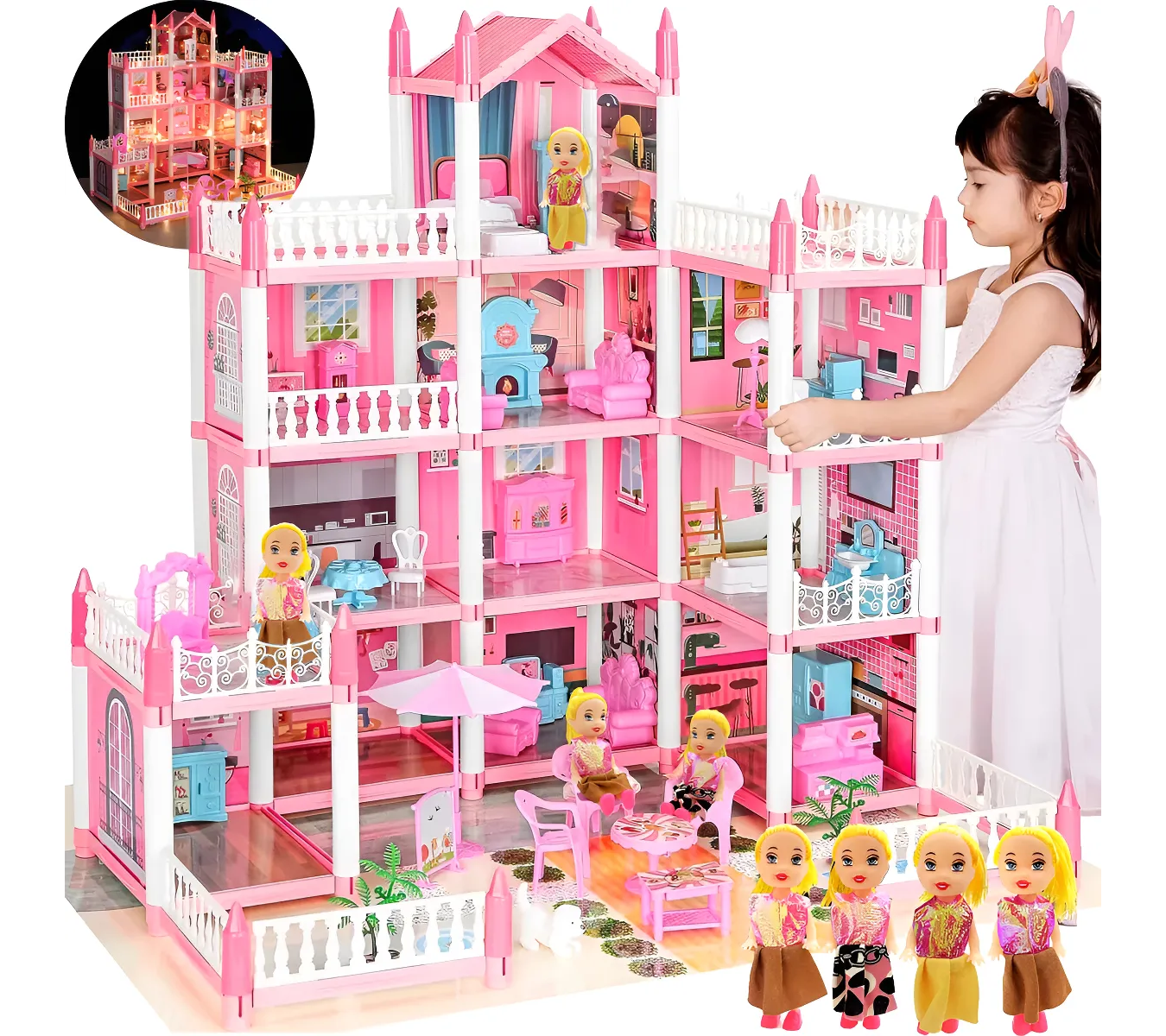 Casa de Muñecas de Tres Pisos con Muebles y Accesorios
