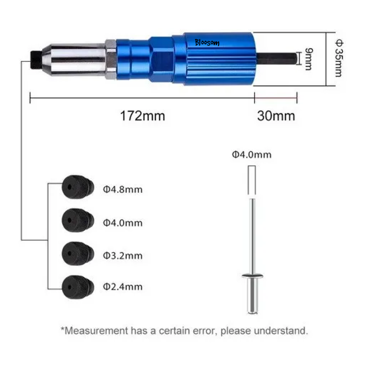 Adaptador Remachadora Taladro Eléctrica 2,4mm-4,8mm Tuerca, Azul