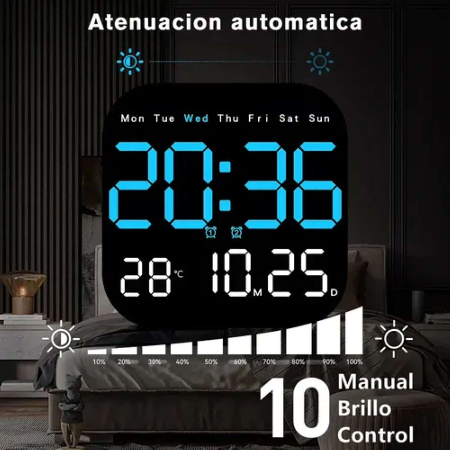 Reloj De Pared Digital Con Termómetro, Alarmas Y Calendario Negro