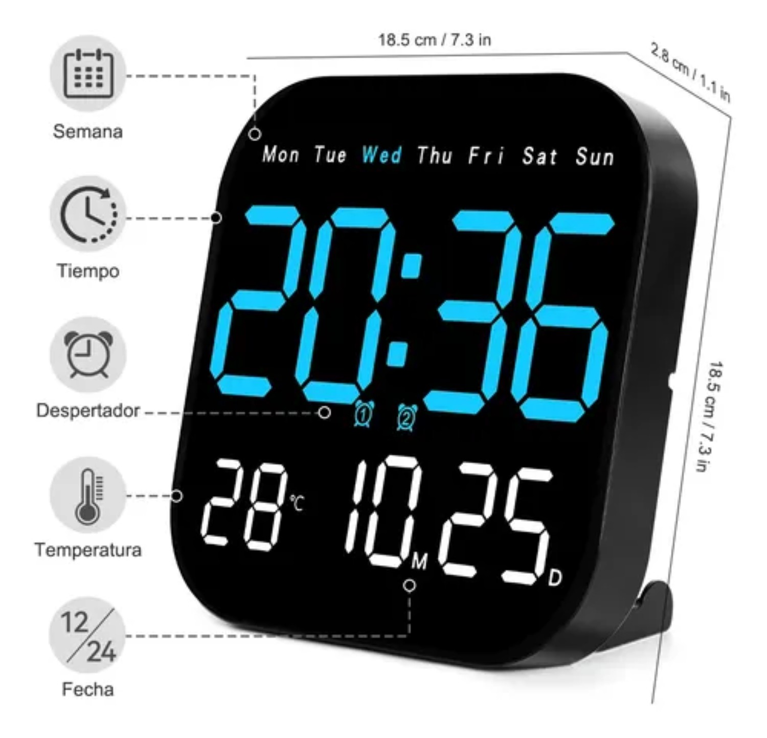 Reloj De Pared Digital Con Termómetro, Alarmas Y Calendario Negro
