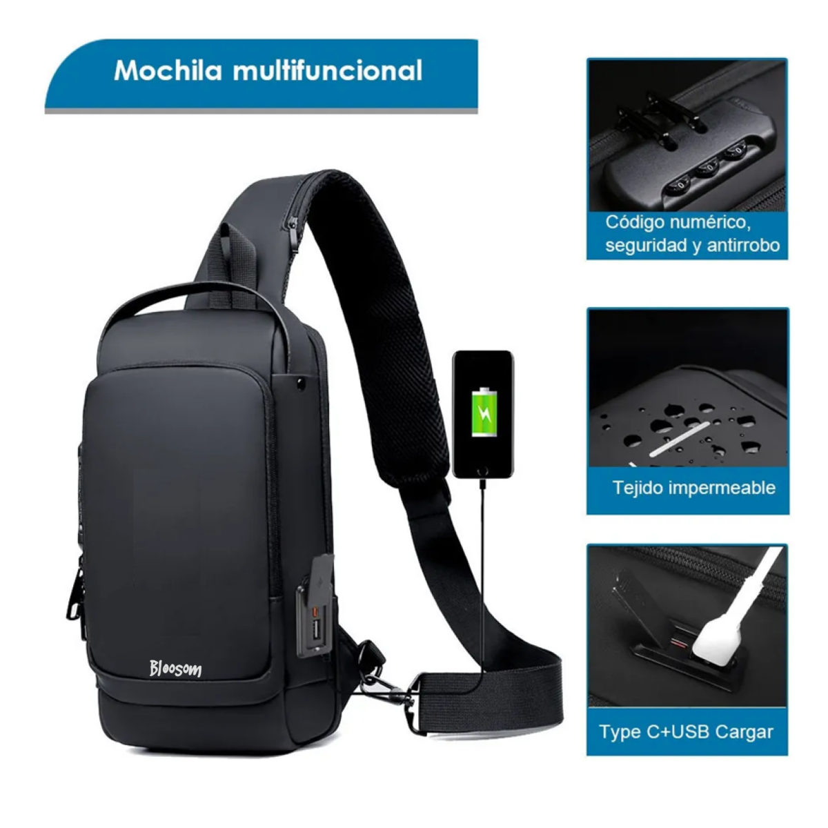 Mochila Cruzada Antirrobo Viaje Camping,  Negro