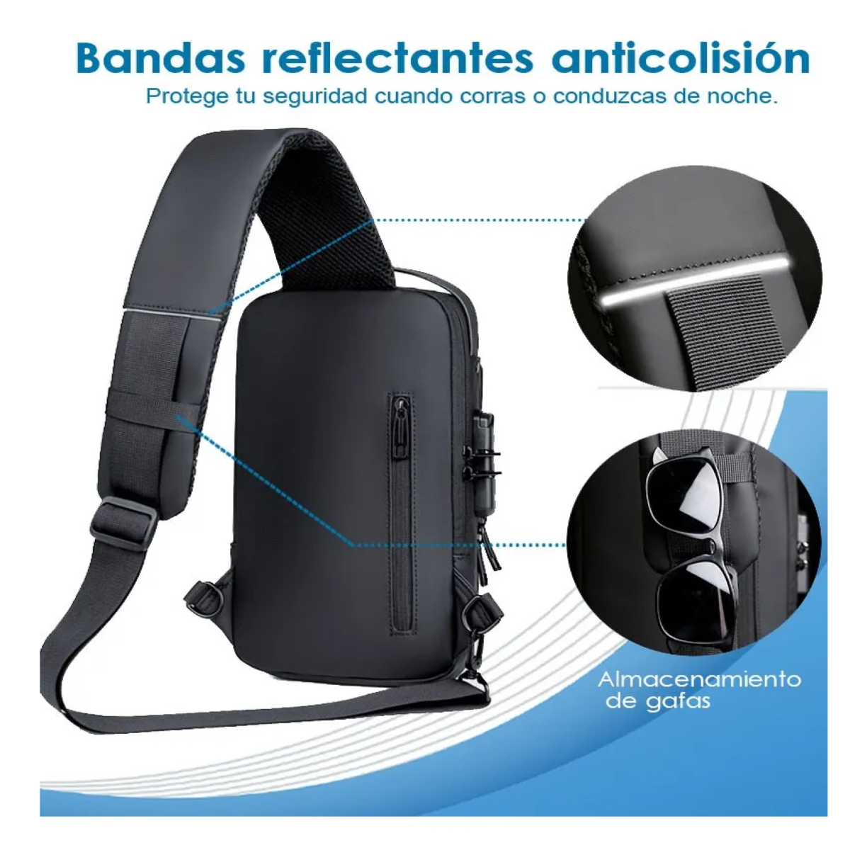 Mochila Cruzada Antirrobo Viaje Camping,  Negro