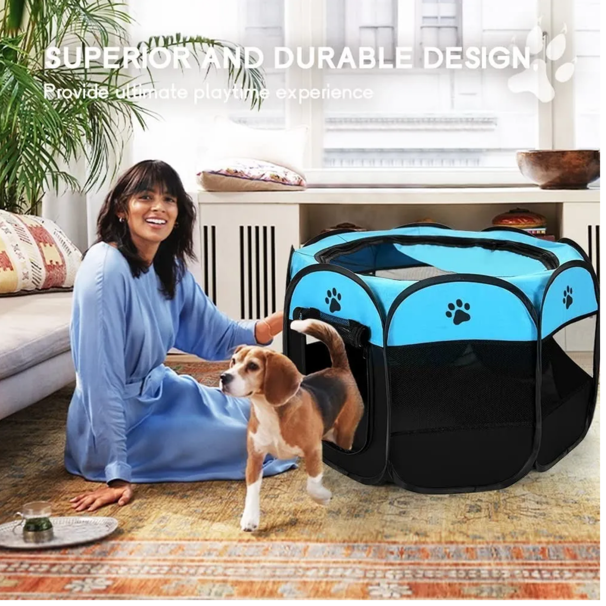 Casa Corral Mascotas Plegable Portátil Multifuncional Azul