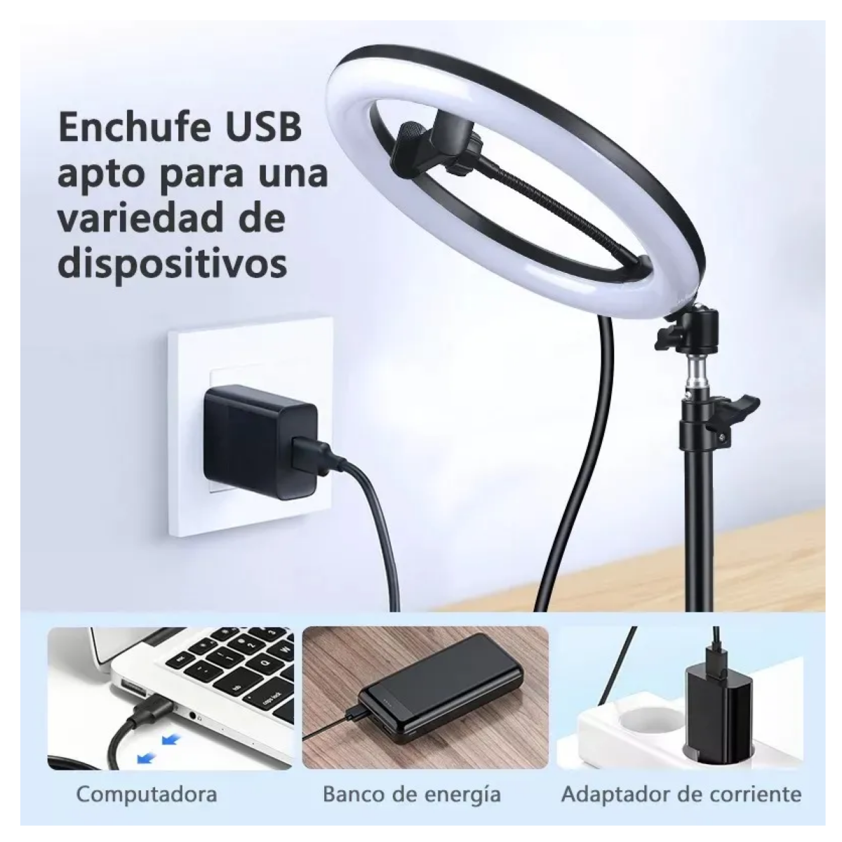 Aro De Luz Led Con 10 En 3 Tonos Y Trípode De 1.70 M, Negro